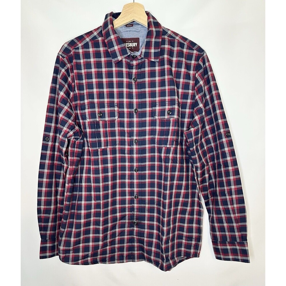 Alesbury 100% Cotton Navy Plaid Button Up Shirt Regular Pockets Men's MED NWOT